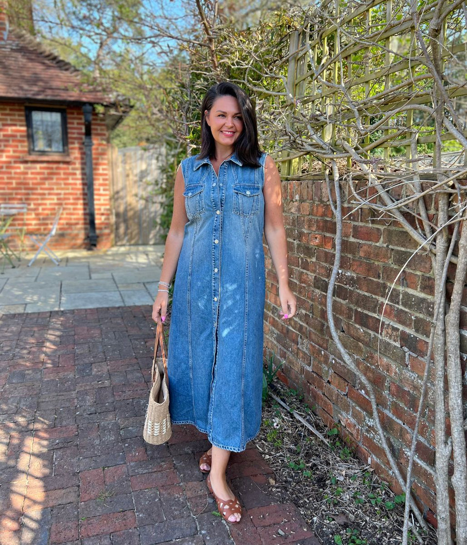 Sleeveless Denim Button Through Midi Dress
