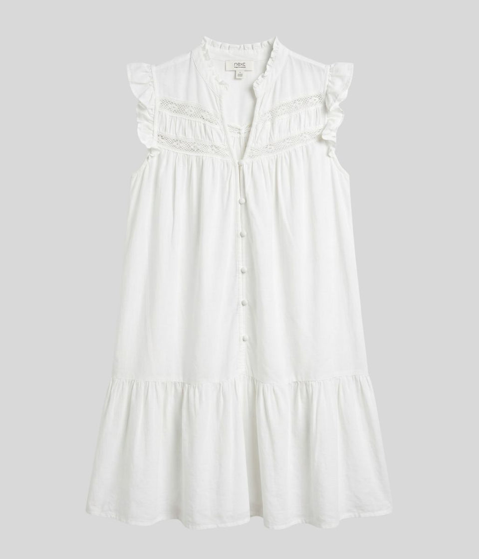 White Linen Blend Embroidered Detail Dress