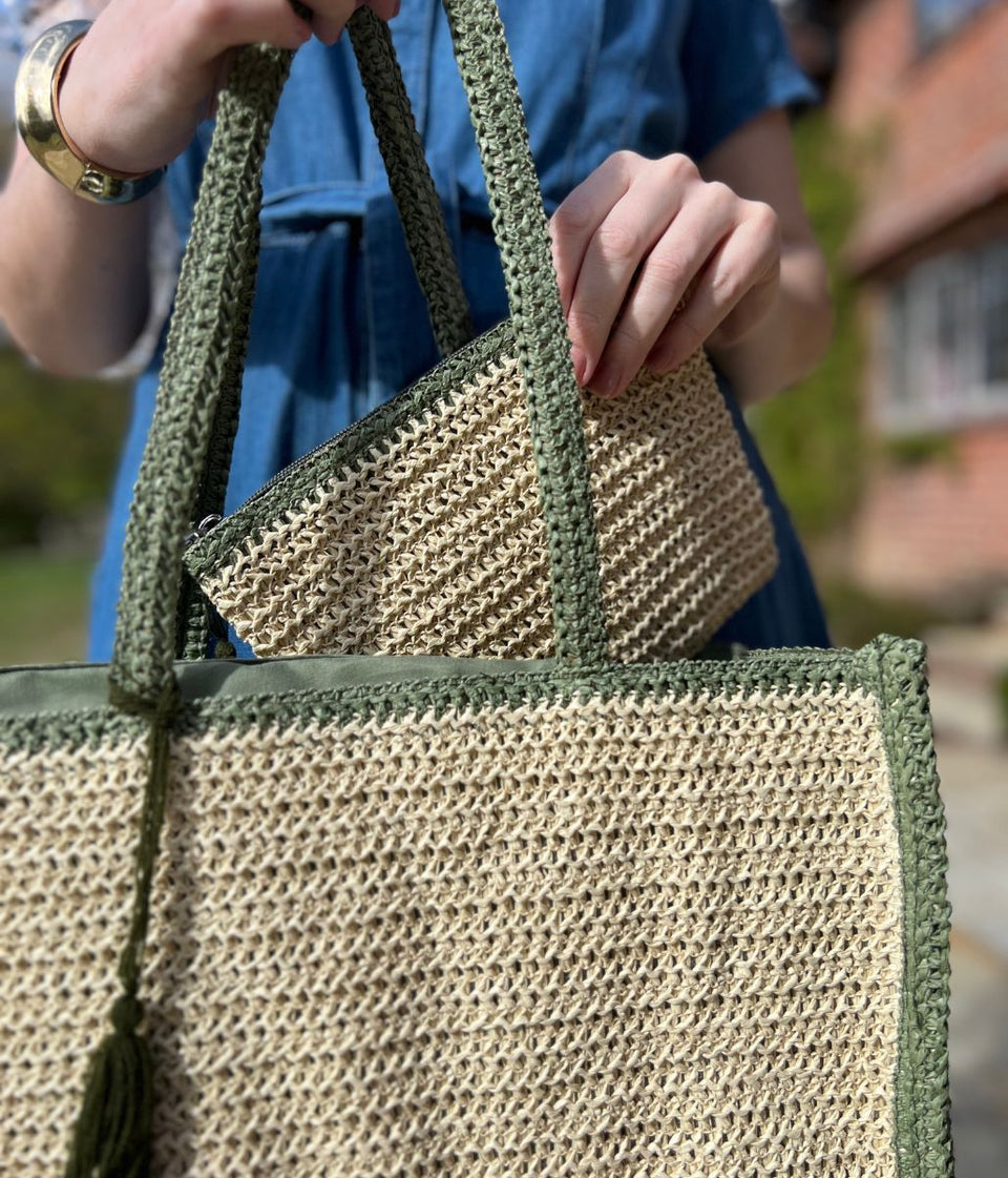 Green Trim Raffia Tote Bag