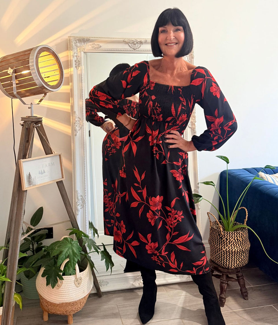 Red & Black Print Shirred Midi Dress