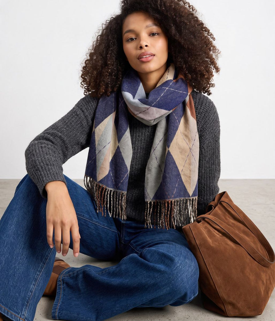 Navy Argyle Diamond Reversible Wool Blend Scarf