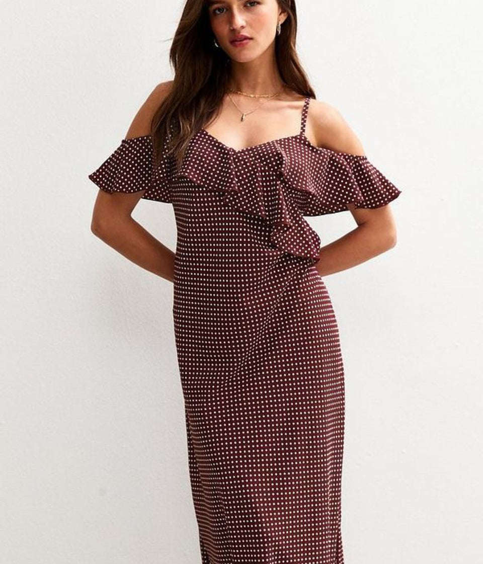 Brown Polka Dot Ruffle Midi Dress
