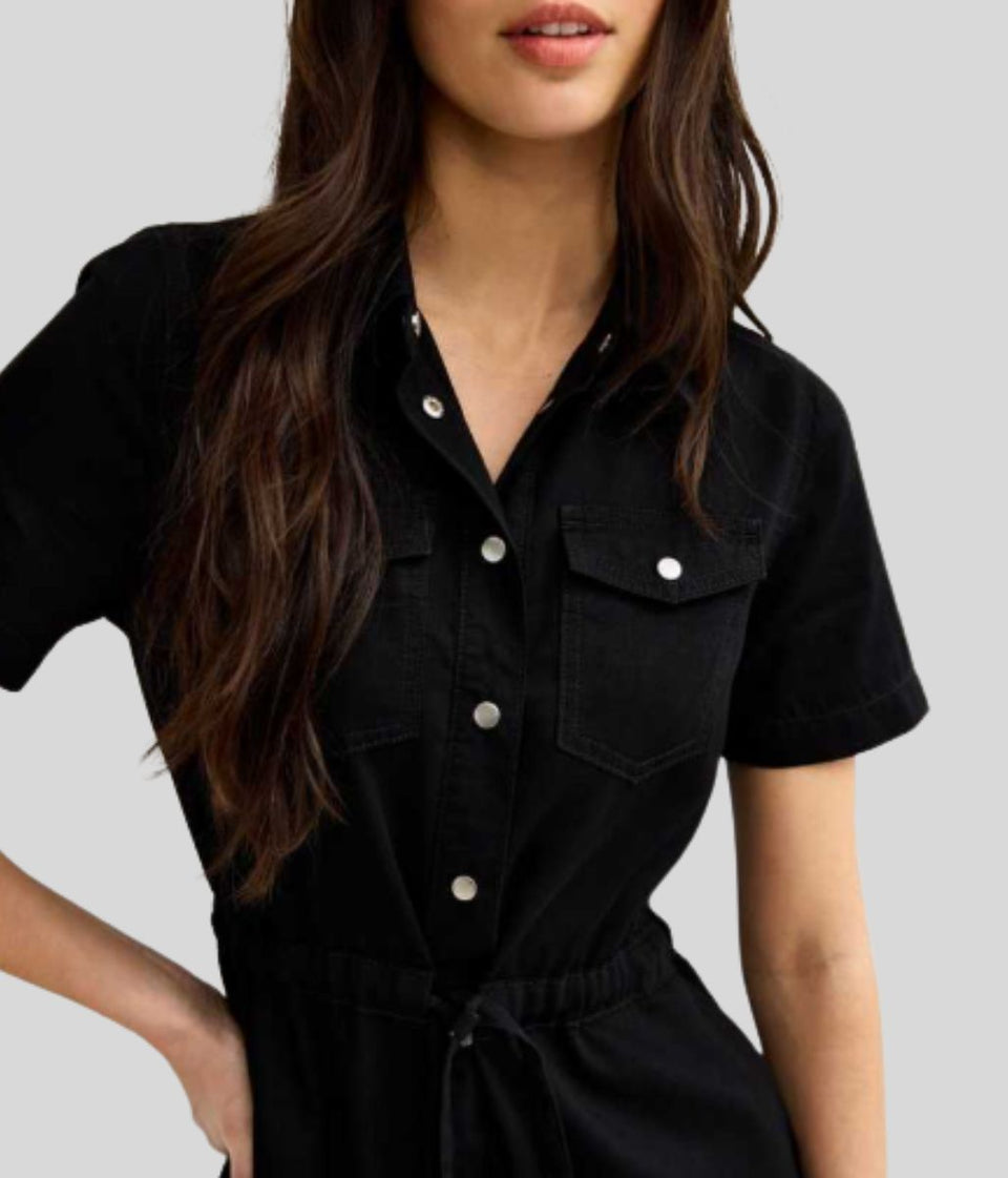 Black Buttercup Drawstring Shirt Dress