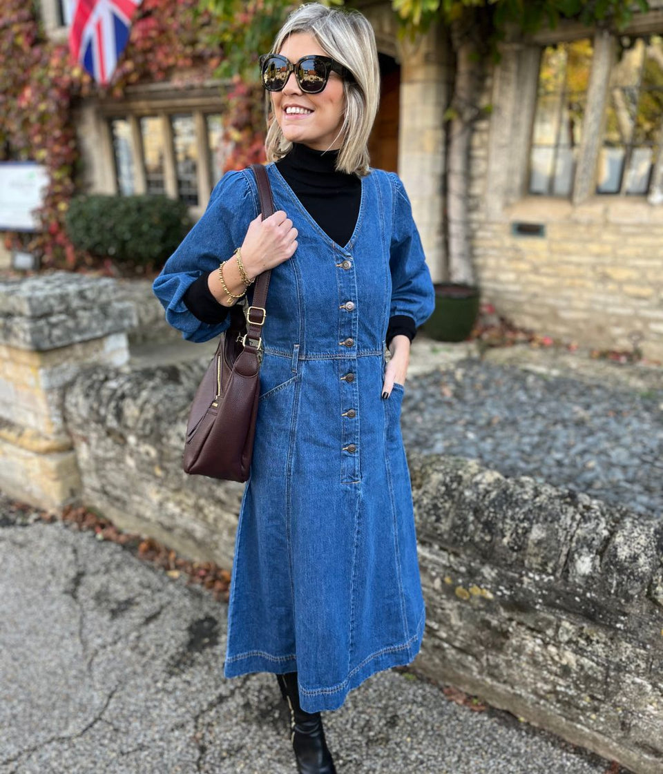 V Neck Denim Midi Dress with Pockets