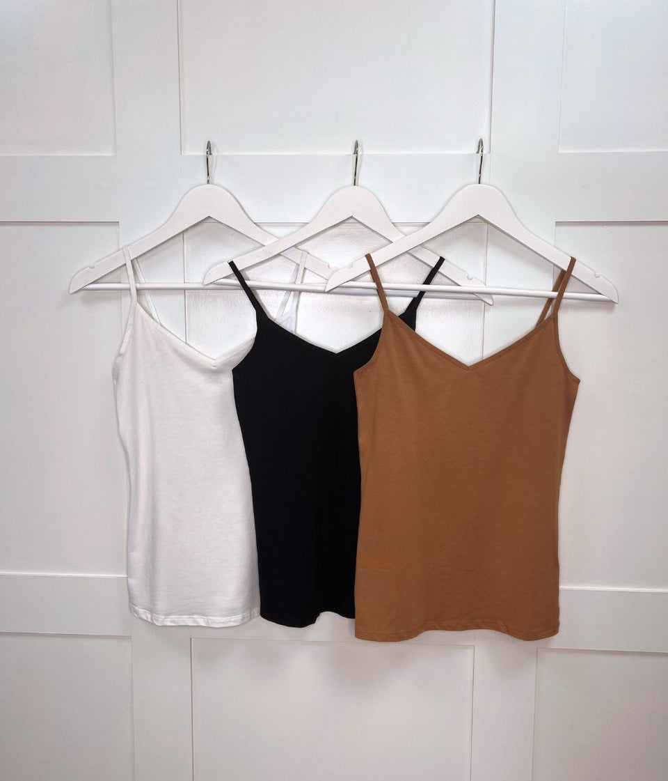 Black/Caramel/Nude 3 Pack Cotton Rich Strappy Vests