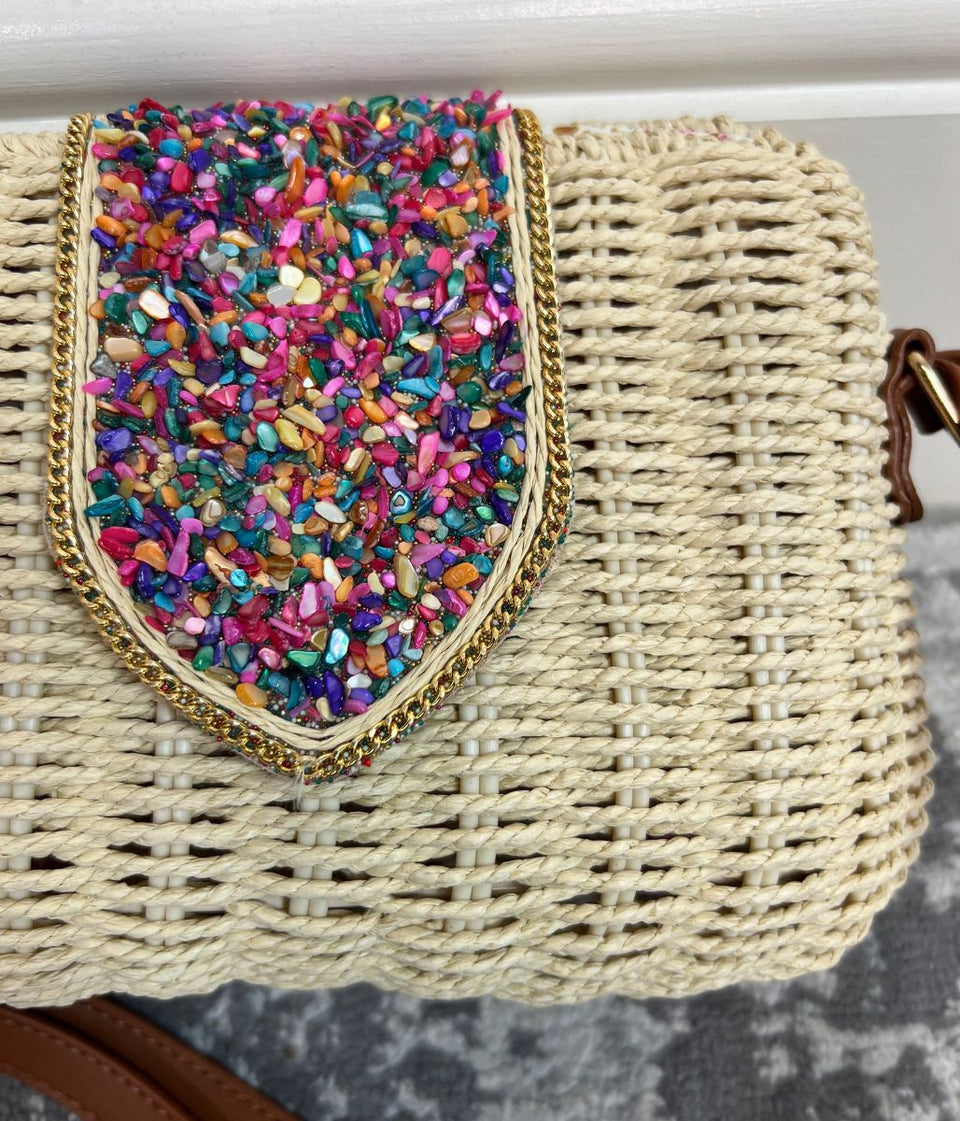 Jessica Light Raffia Beaded Basket Weave Bag