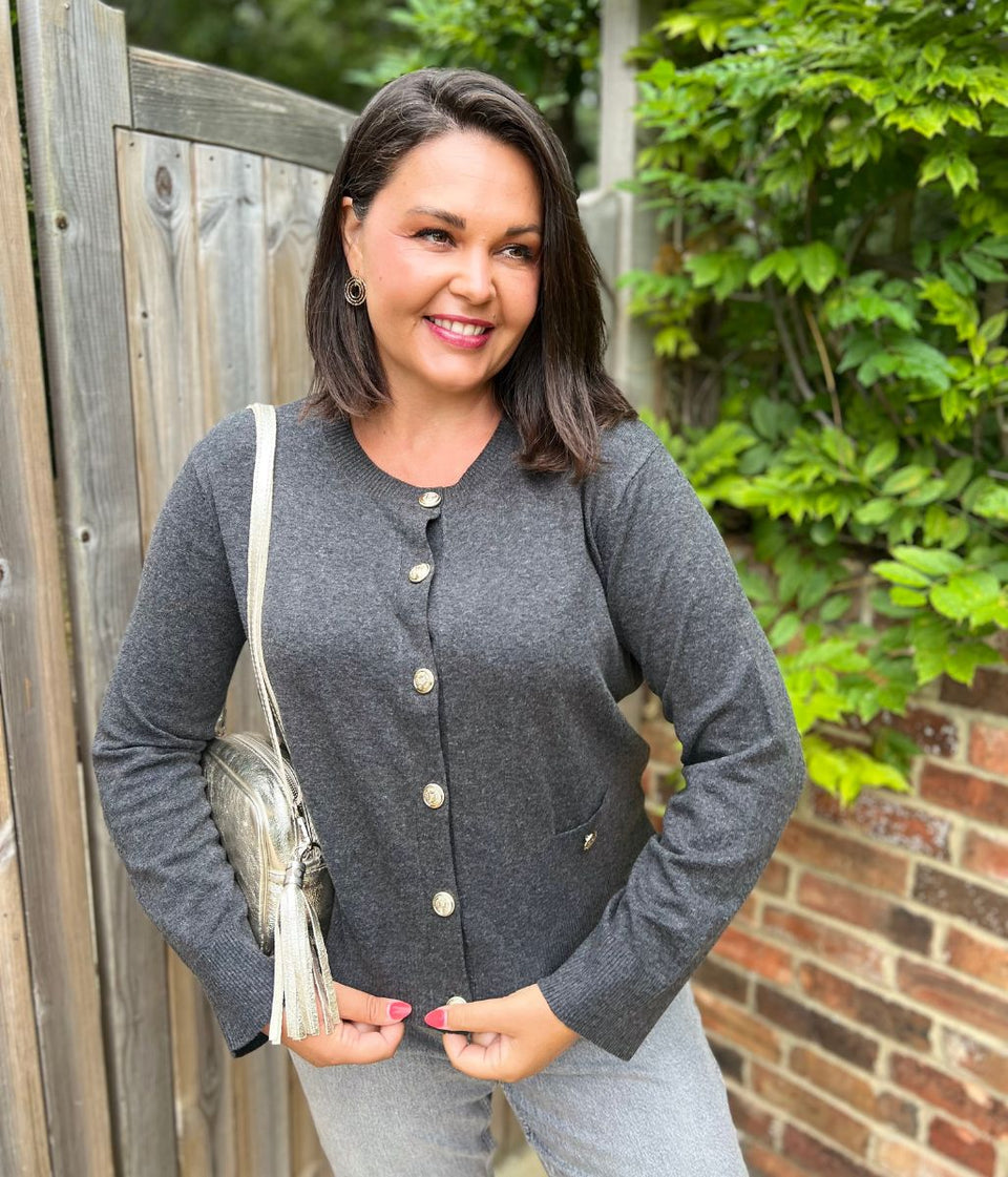 Grey Cardigan Sweater with Gold Buttons