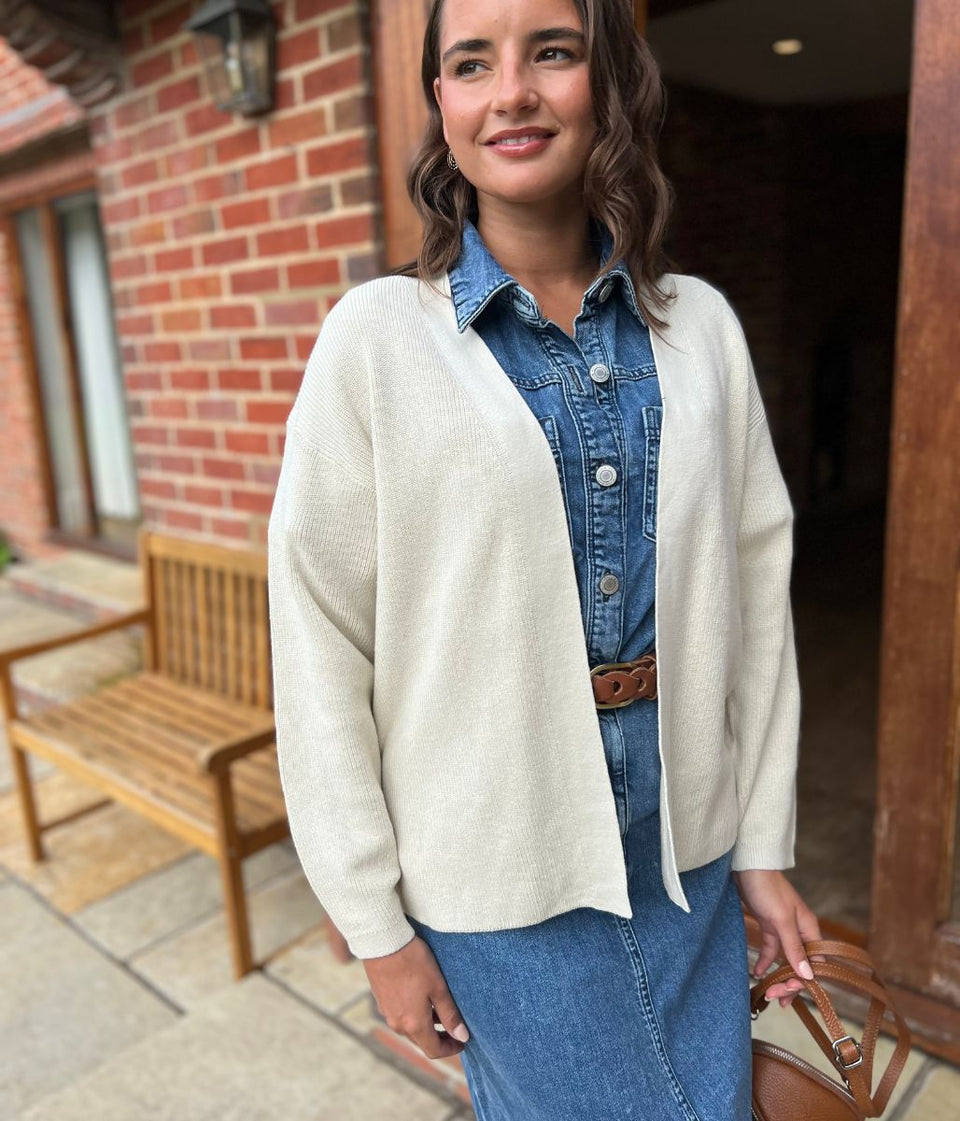 Stylish Edge-to-Edge Ivory Cotton Rich Cardigan