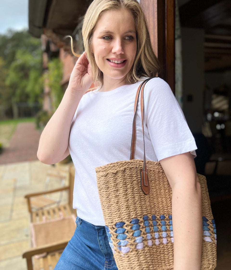 White Linen Blend Crew Neck Top