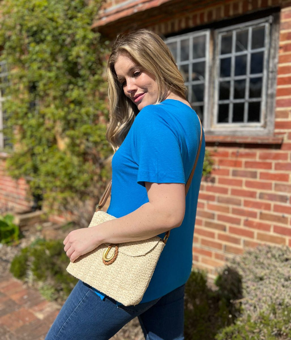 Bright Blue Linen Blend Crew Neck Top