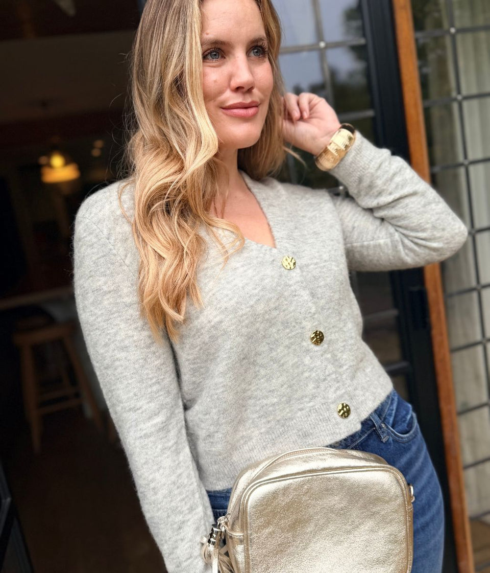 Grey V Neck Alpaca Blend Short Cardigan