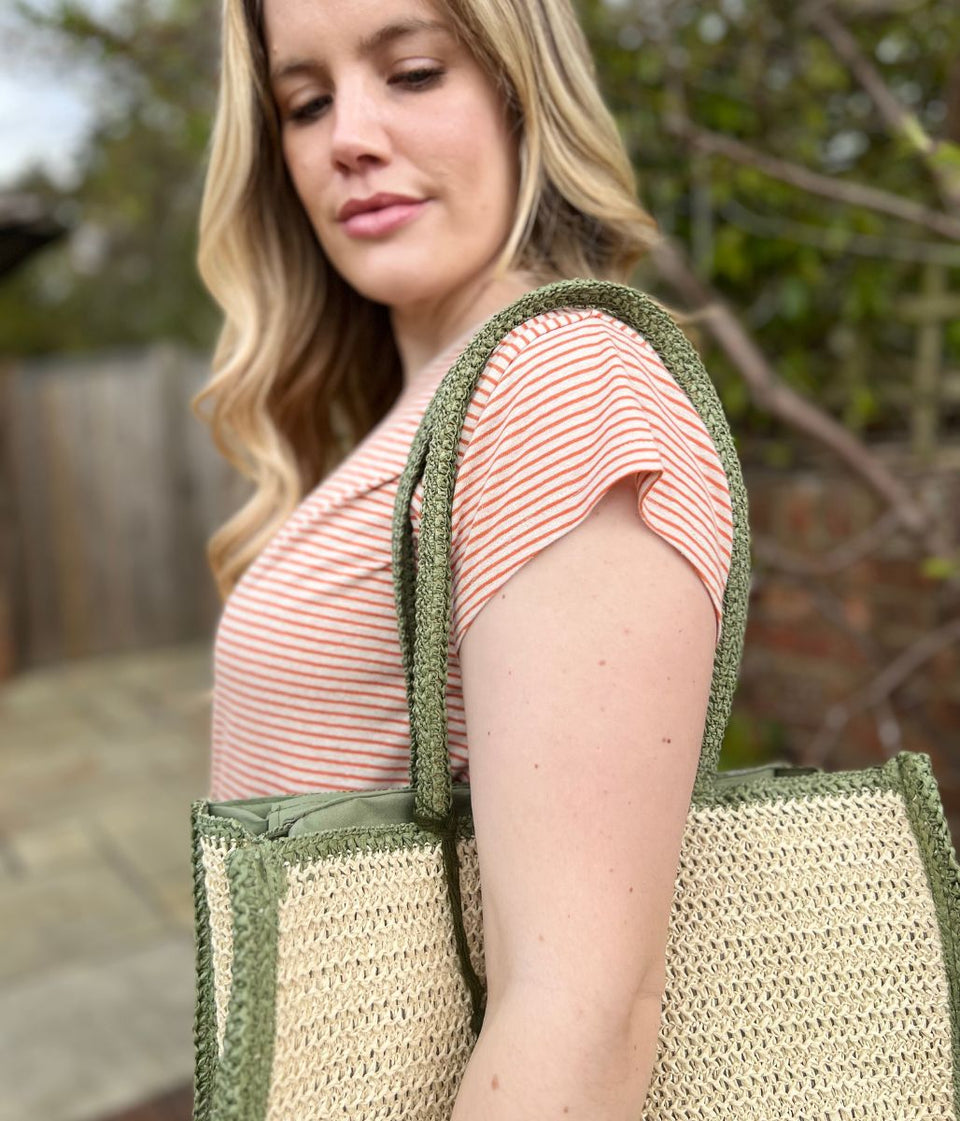 Orange Striped Linen Blend Crew Neck Top