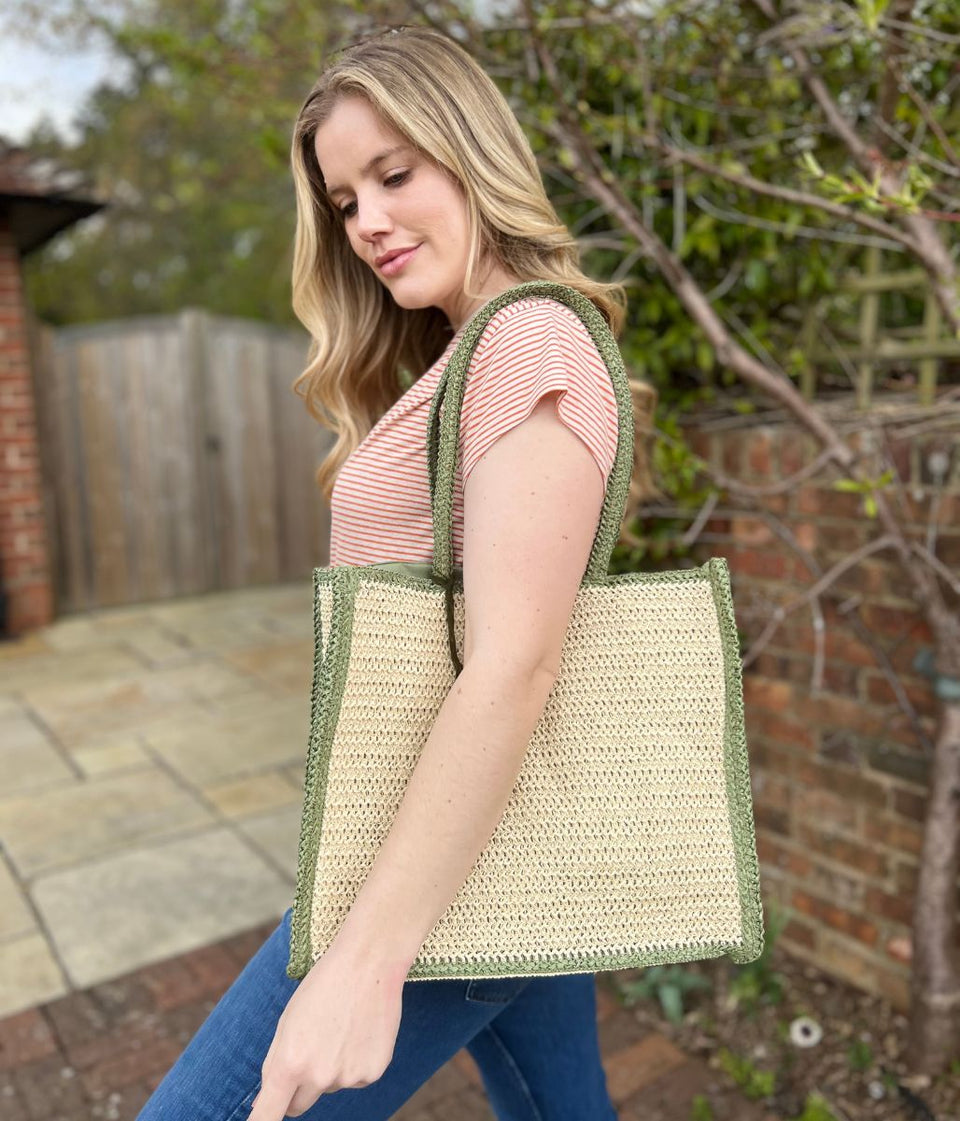 Green Trim Raffia Tote Bag