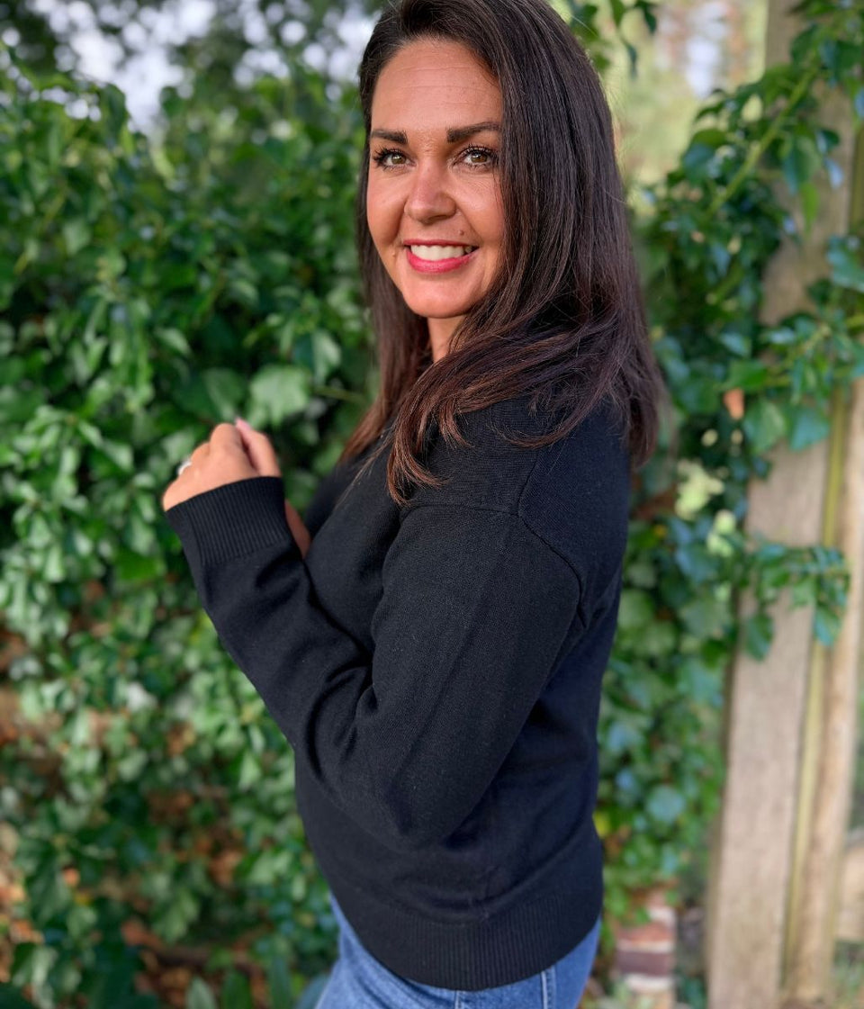 Women's Black Double V Neck Air Yarn Jumper