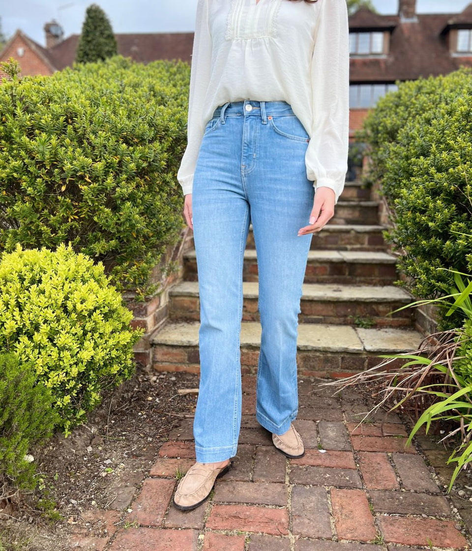 Light Denim Crease Front Slim Flare Jeans