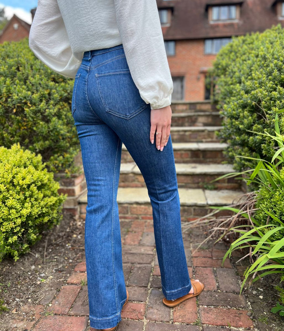 Mid Denim Crease Front Slim Flare Jeans