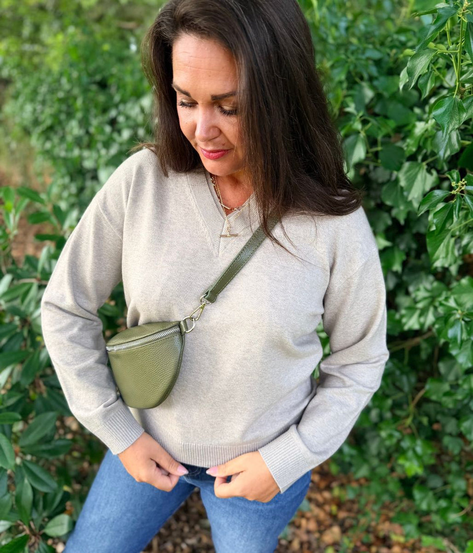 Women's Beige Double V Neck Air Yarn Jumper