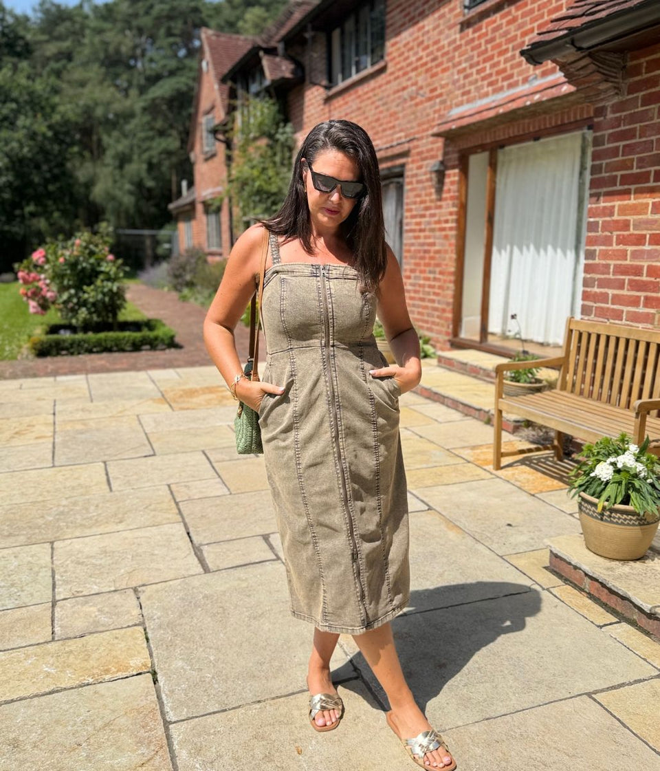 Grey Denim Zip Through Midi Dress
