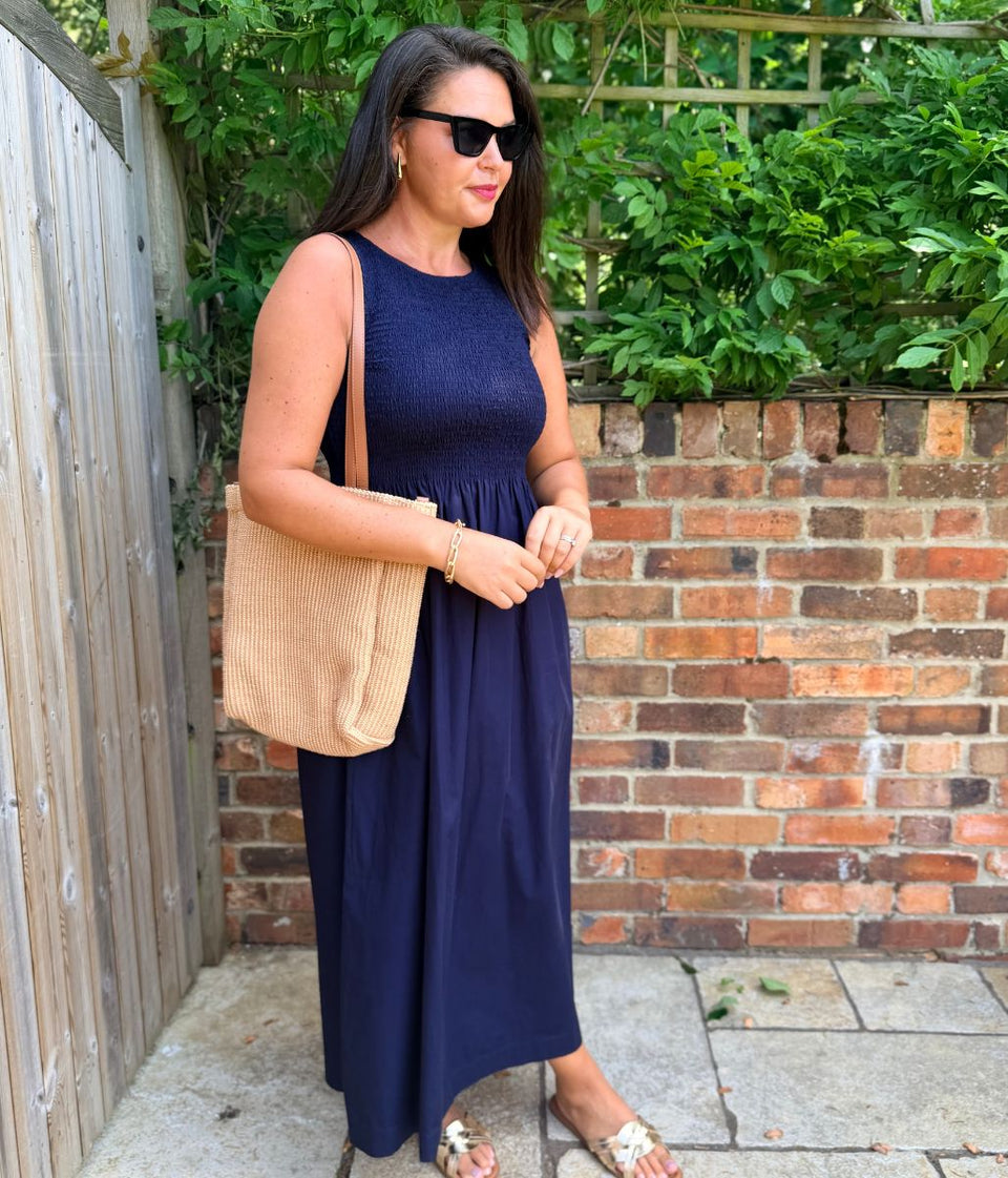 Navy Cotton Poplin Shirred Dress