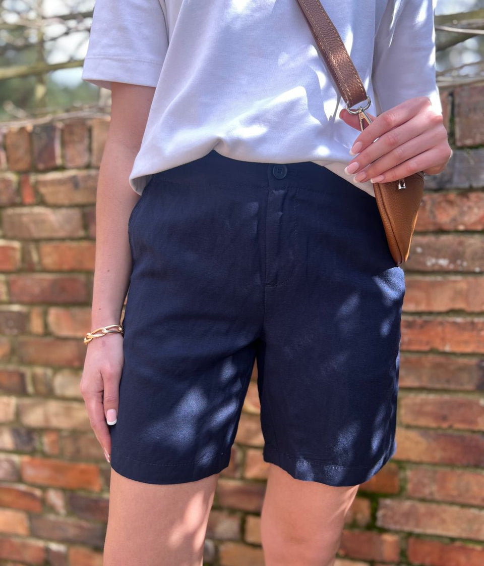 Navy Linen Blend Shorts