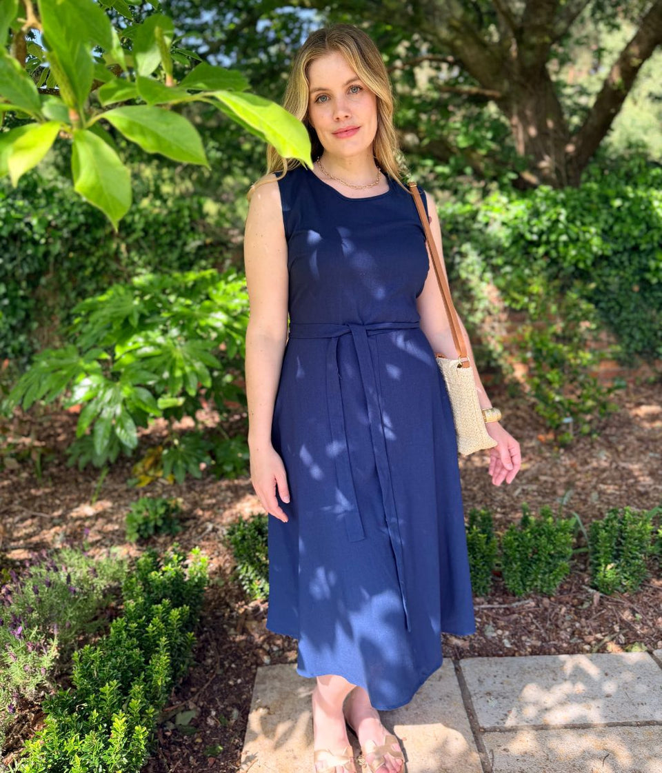 Navy Sleeveless Belted Linen Blend Midi Dress