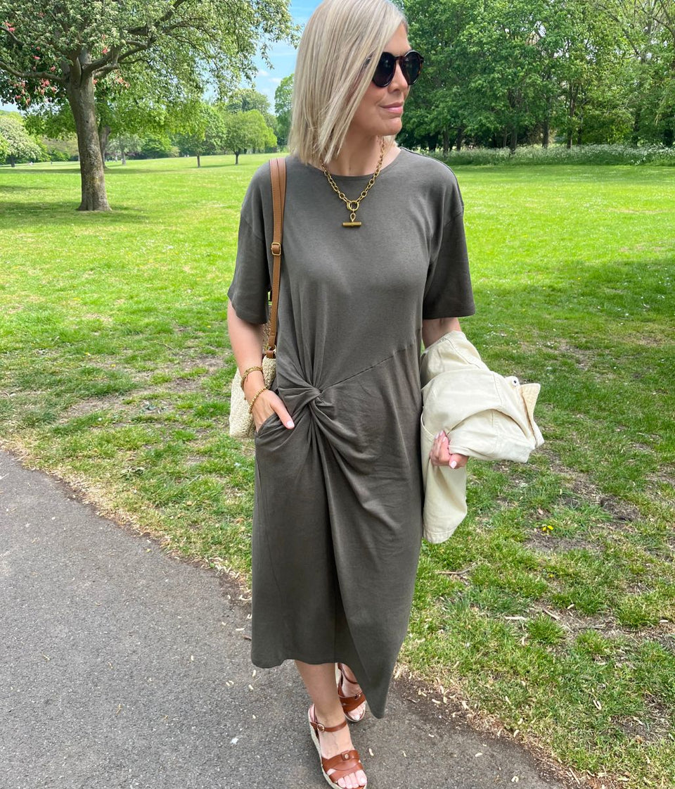 Khaki Jersey Twist T-Shirt Dress