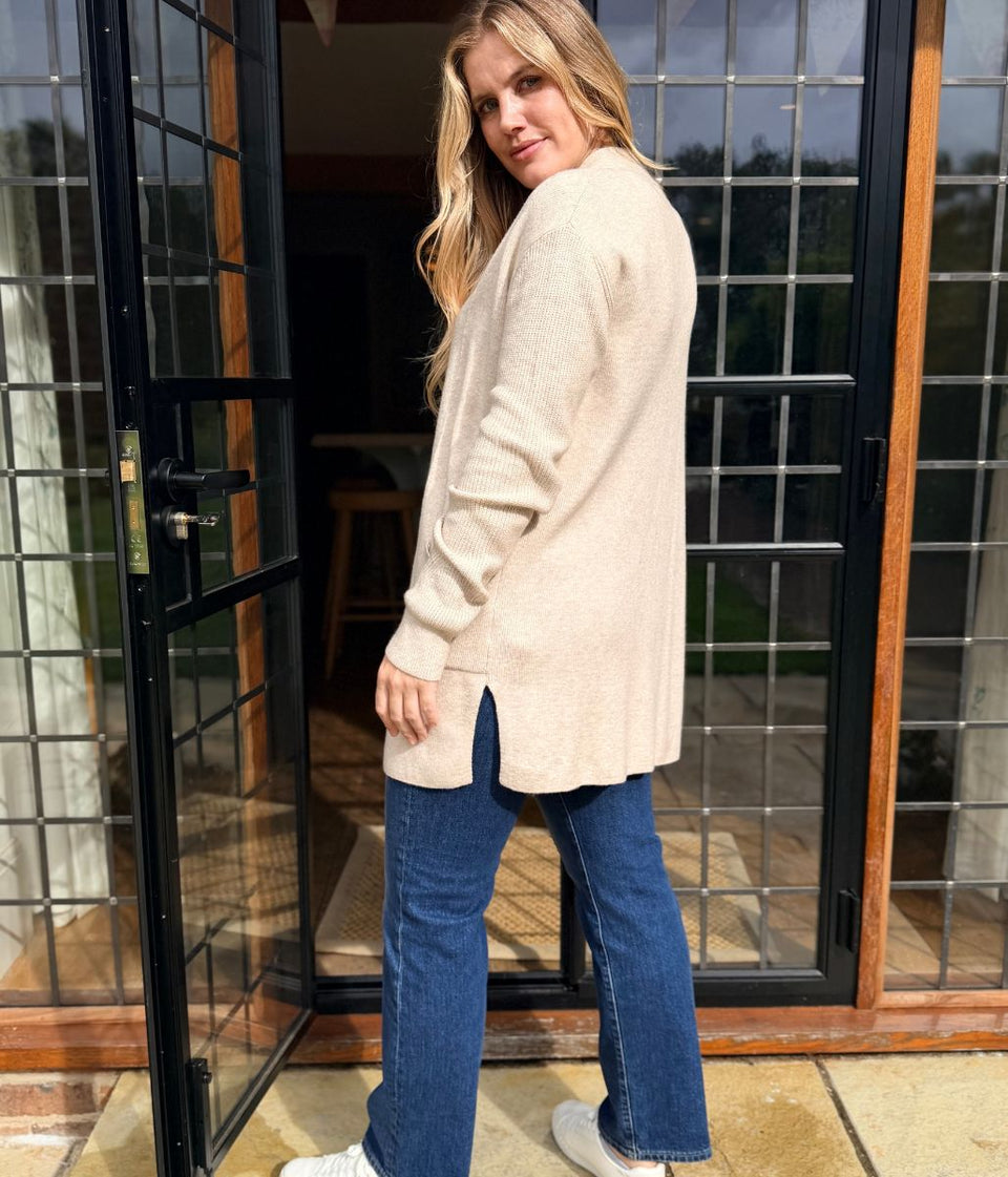Beige Marl Ribbed Edge to Edge Longline Cardigan