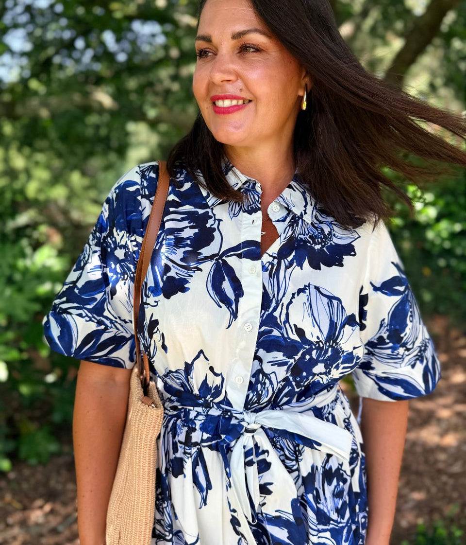 Navy Floral Midi Shirt Dress