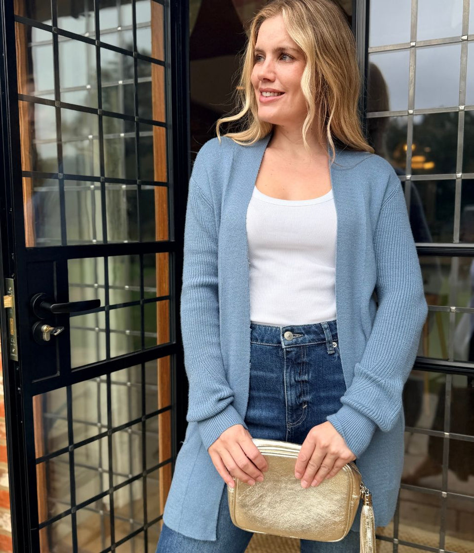 Grey Blue Ribbed Edge to Edge Longline Cardigan