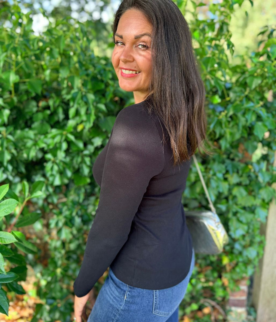 Black V Neck Ribbed Long Sleeve Top