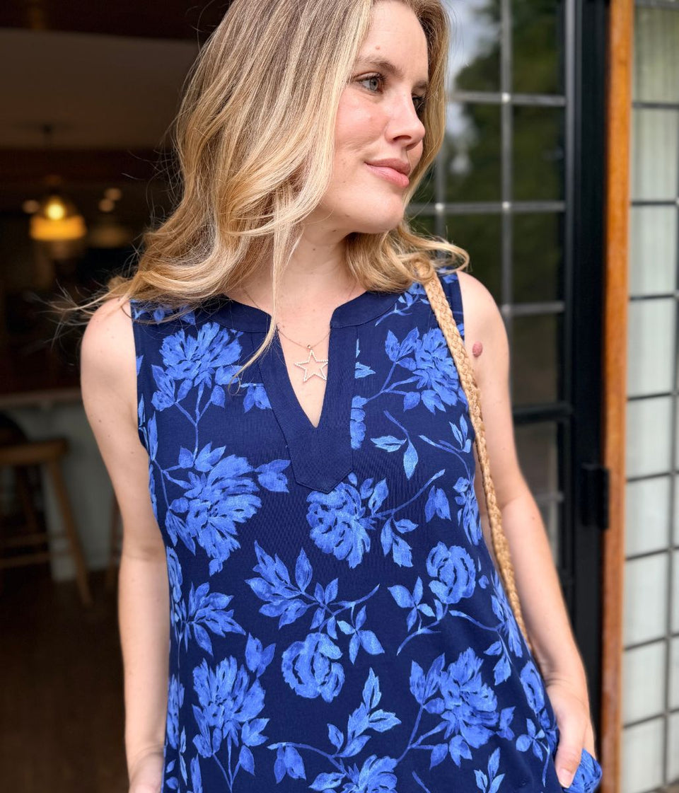 Navy Floral Jersey Notch Neck Dress