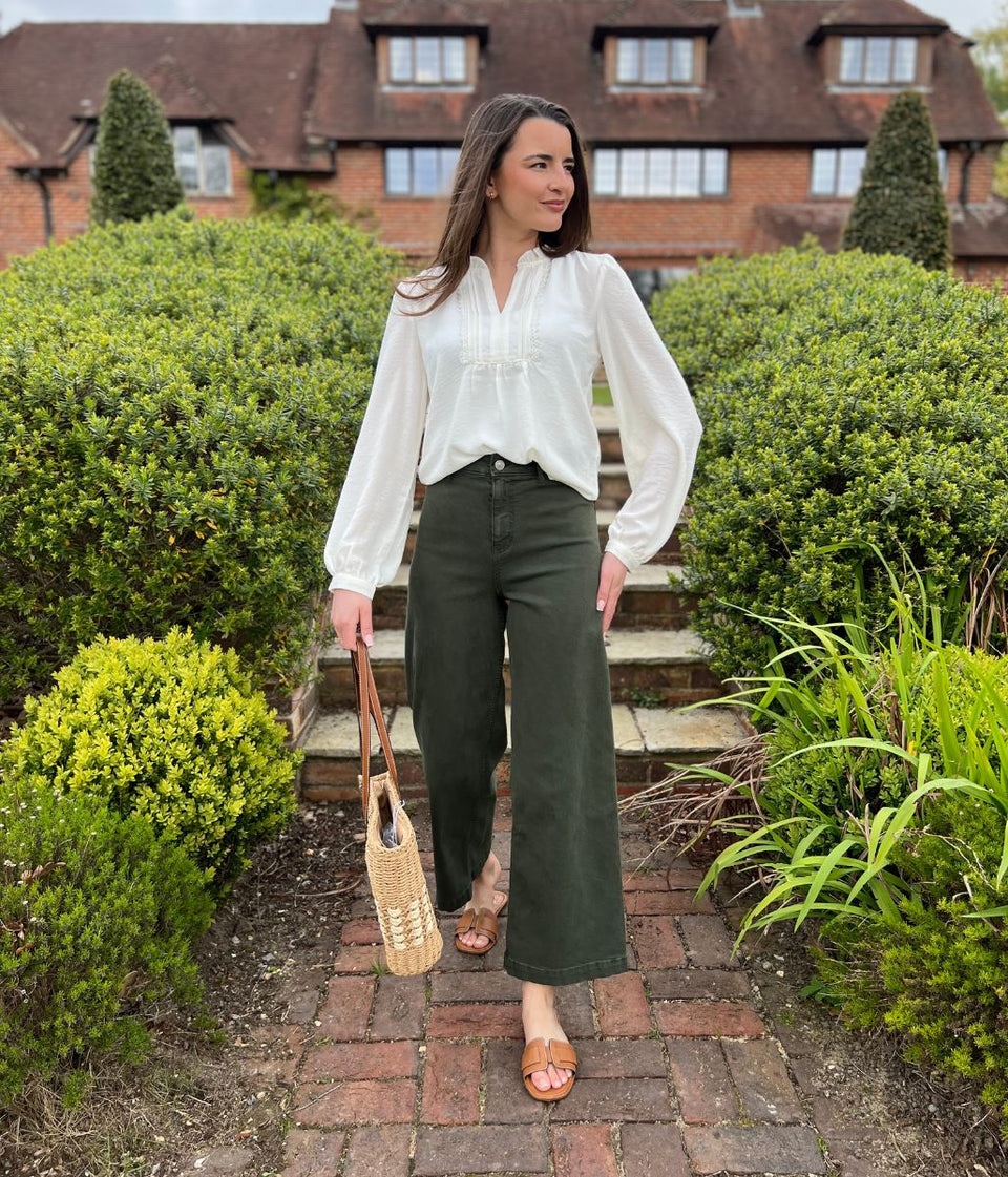 Dark Green Wide Leg Ankle Grazer Jeans
