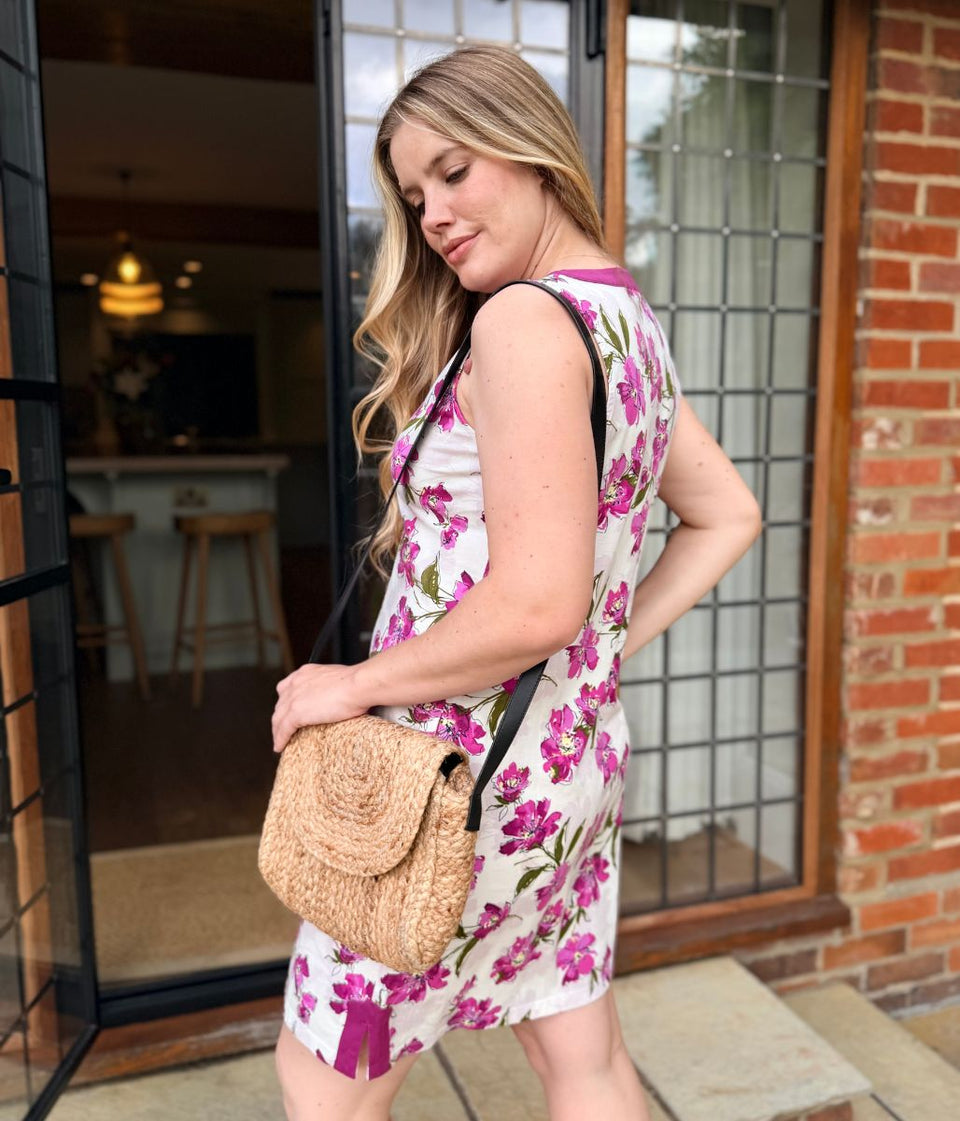 Purple Floral Jersey Notch Neck Dress