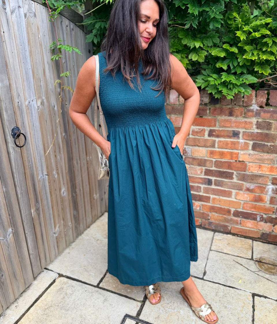 Green Cotton Poplin Shirred Dress