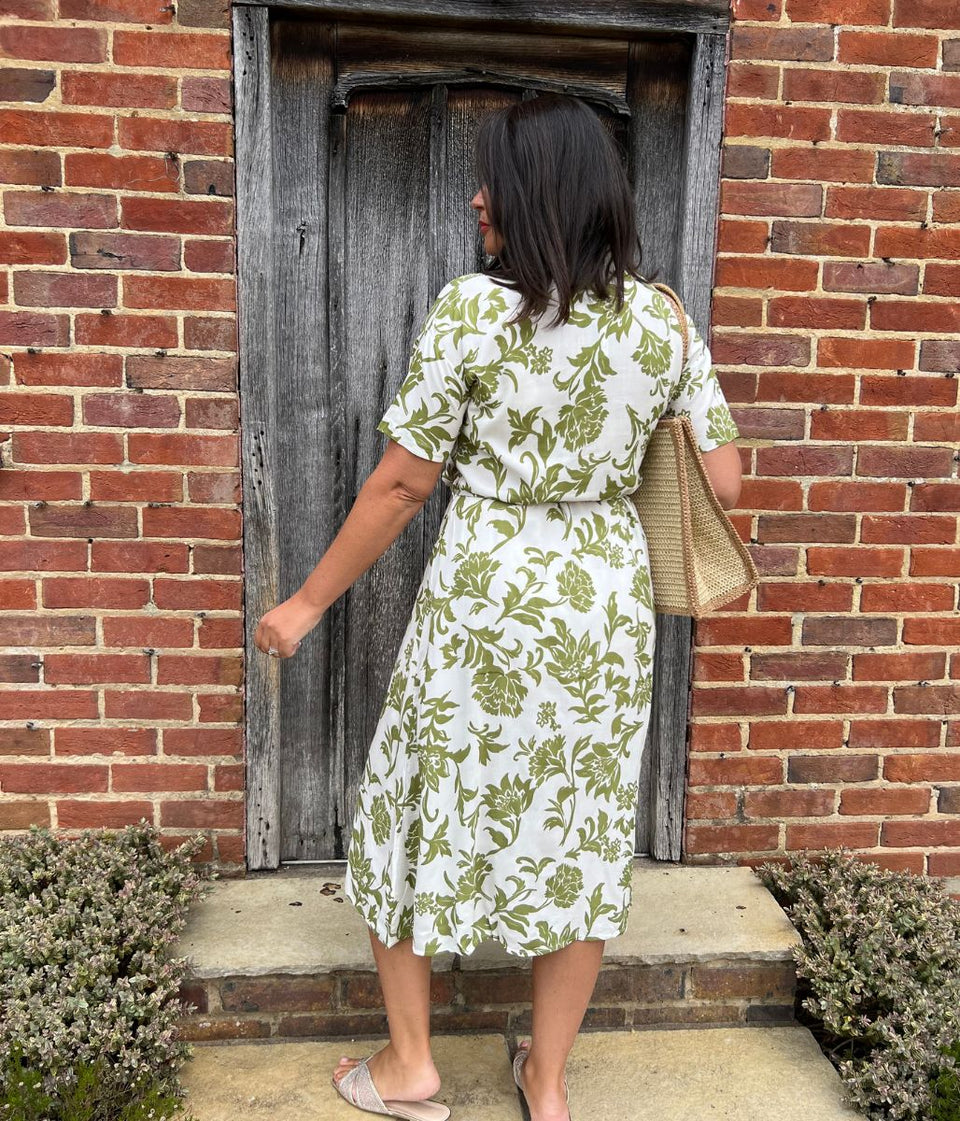 Green Printed Porto Faux Wrap Dress