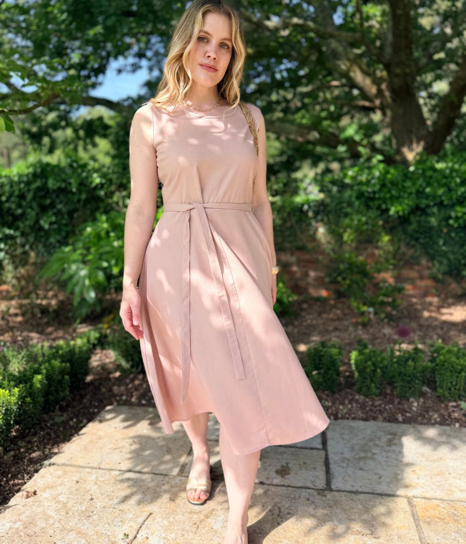 Pale Pink Sleeveless Belted Linen Blend Midi Dress