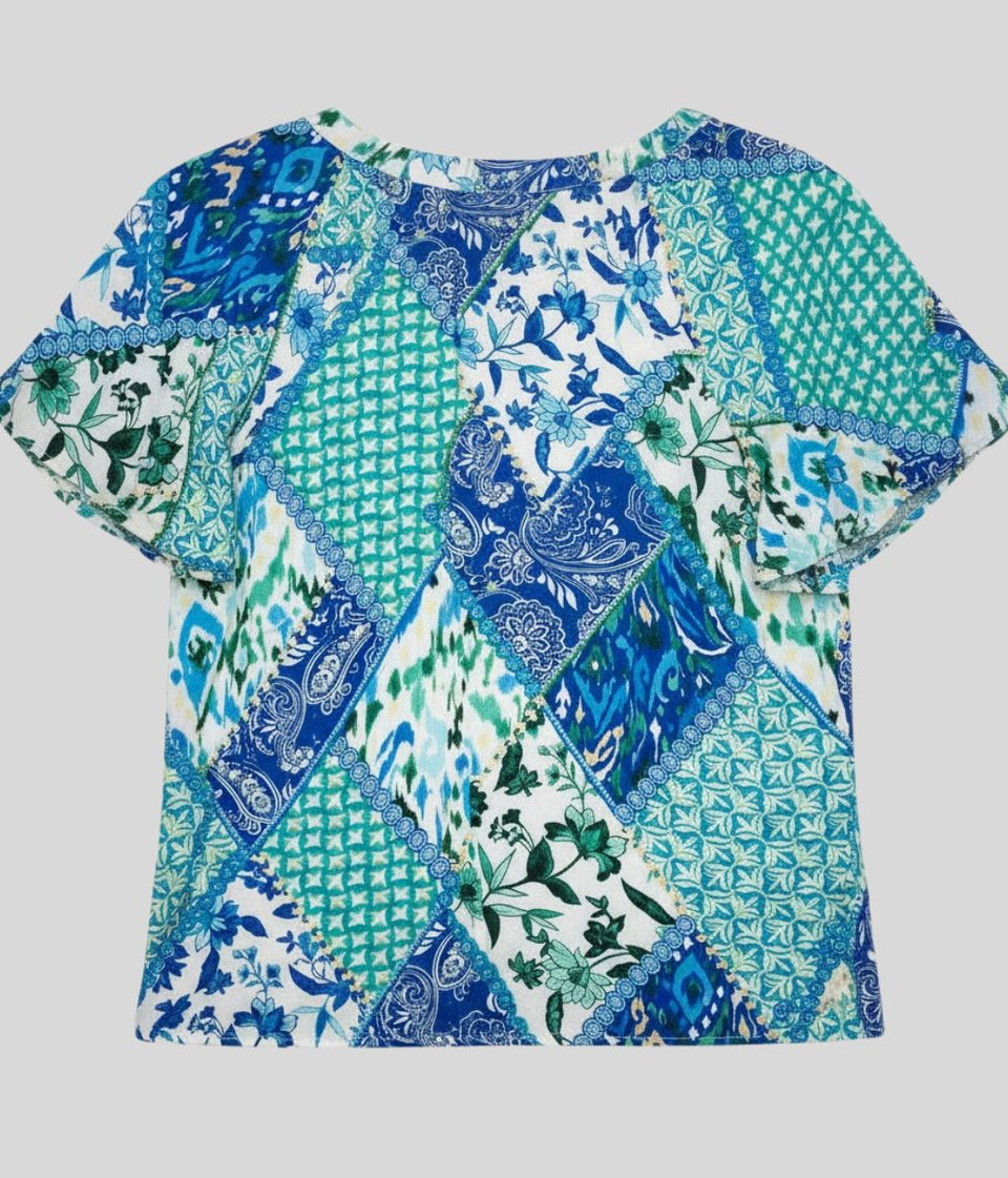 Blue Tie Neck Printed Short Sleeve Top