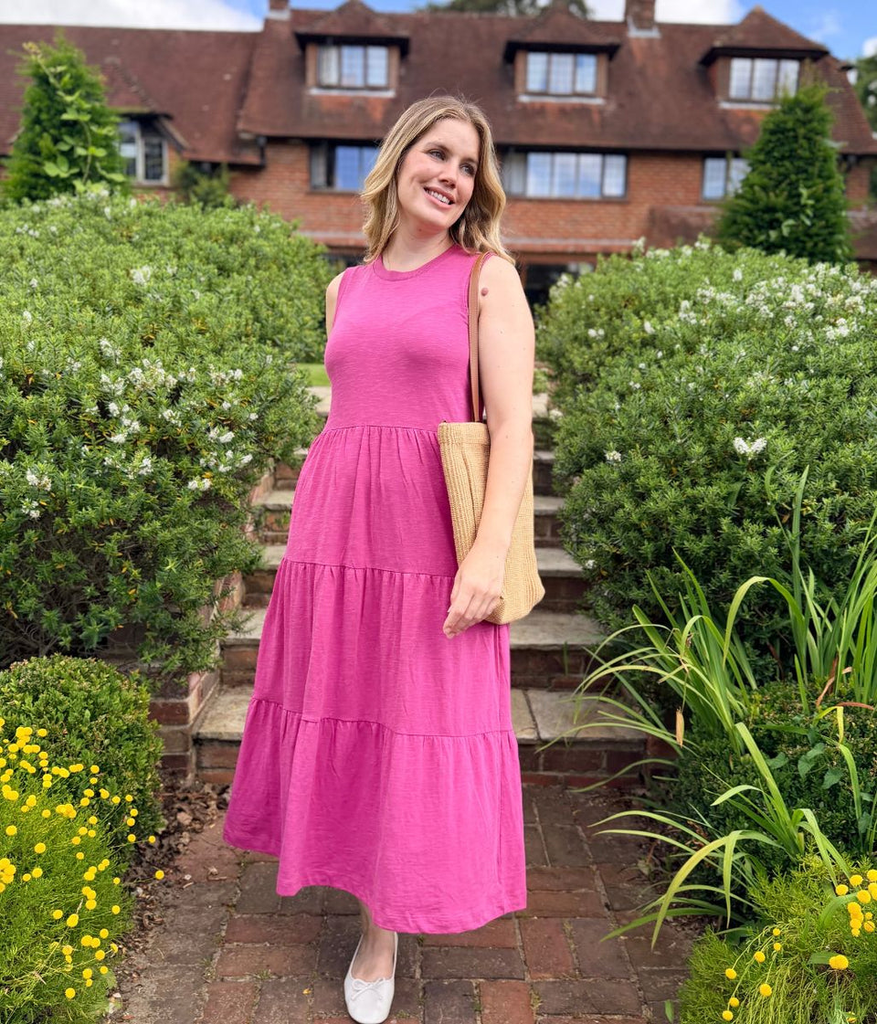 Pink Sleeveless Cotton Slub Jersey Tiered Midi Dress