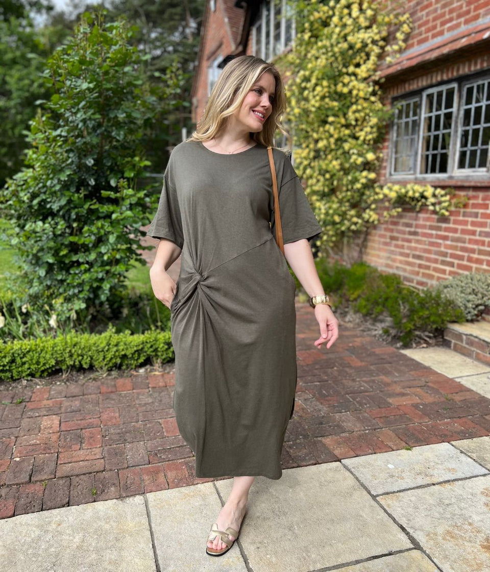 Khaki Jersey Twist T-Shirt Dress