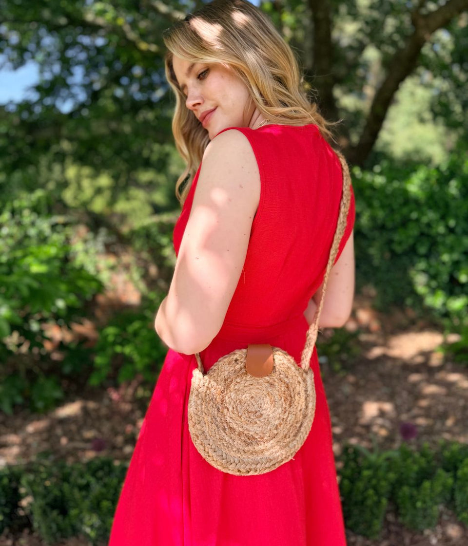 Red Sleeveless Belted Linen Blend Midi Dress