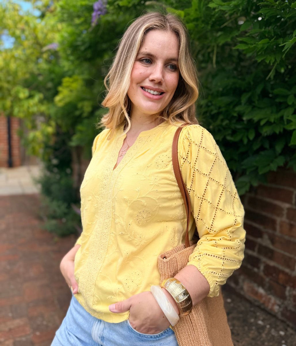 Yellow Embroidered Contrast Long Sleeve Top