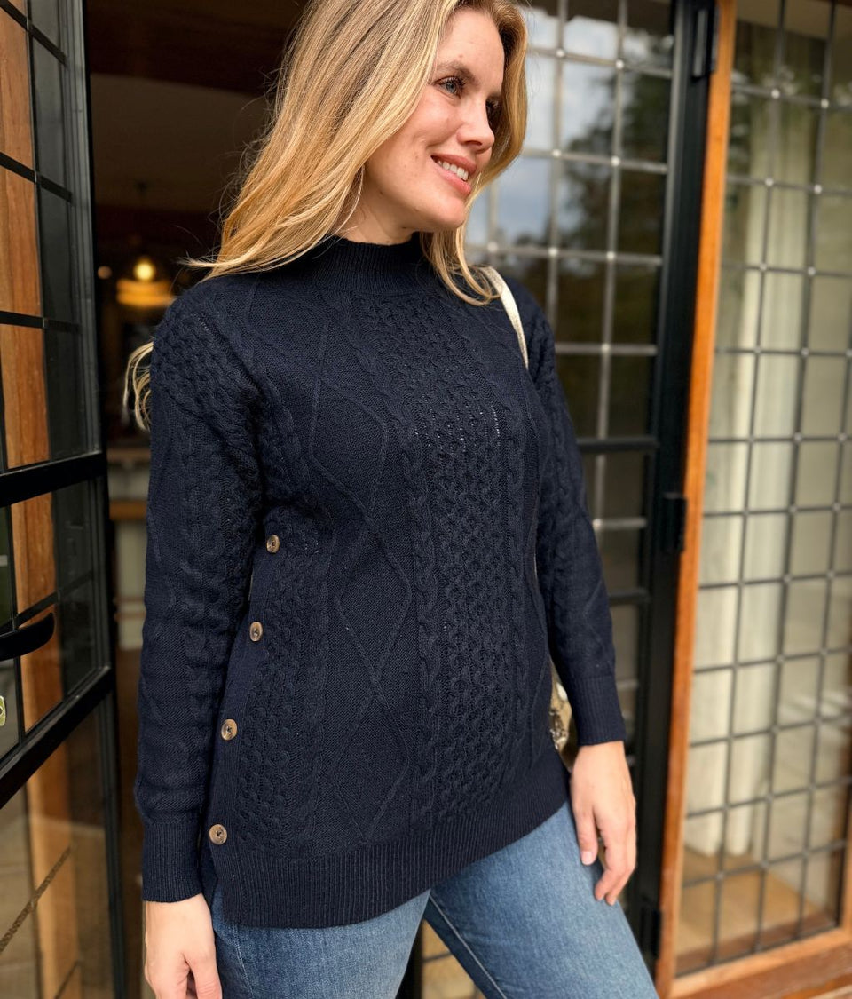 Navy Side Button Textured Knit Jumper