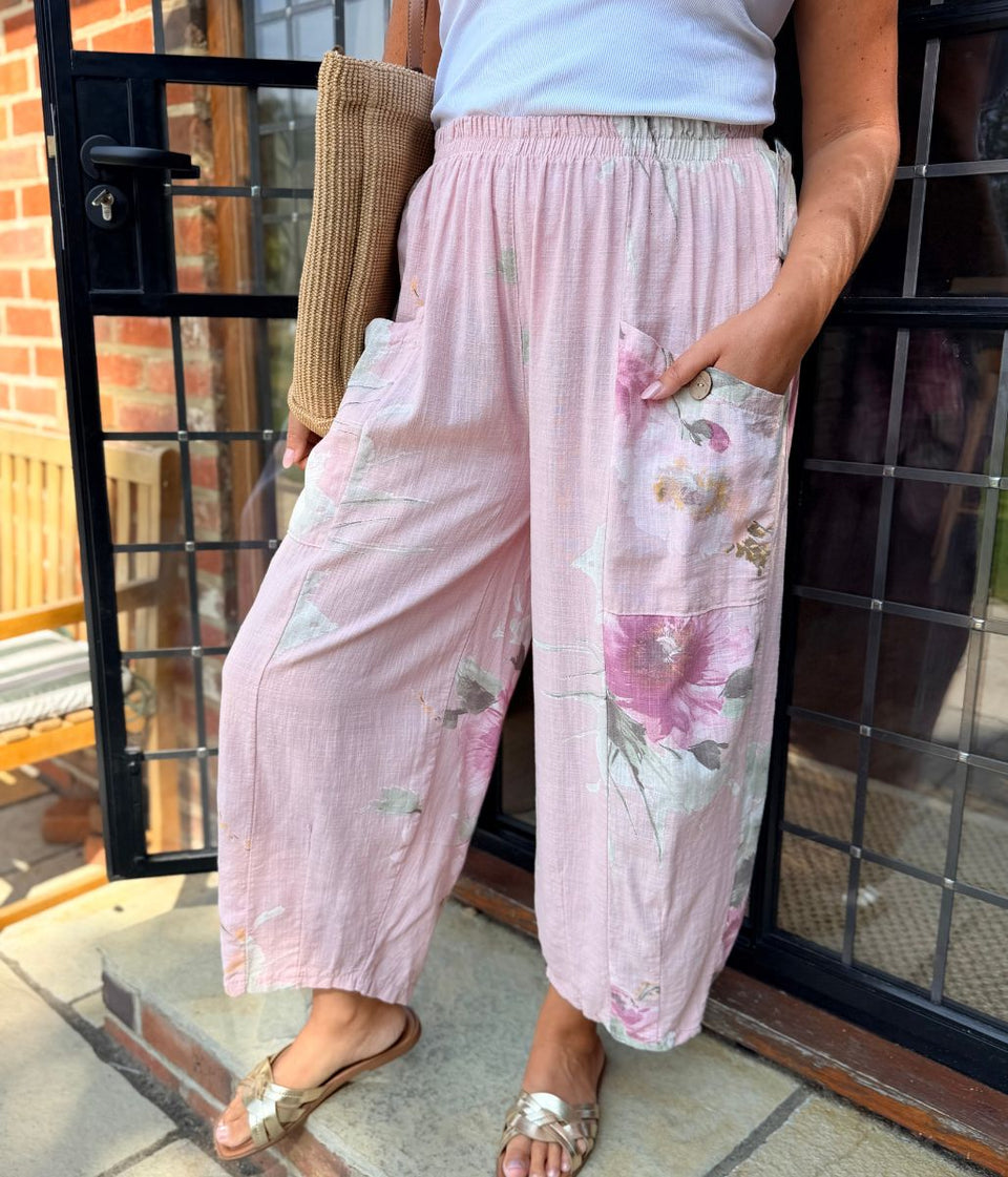 Blush Floral Cotton Barrel Leg Trousers