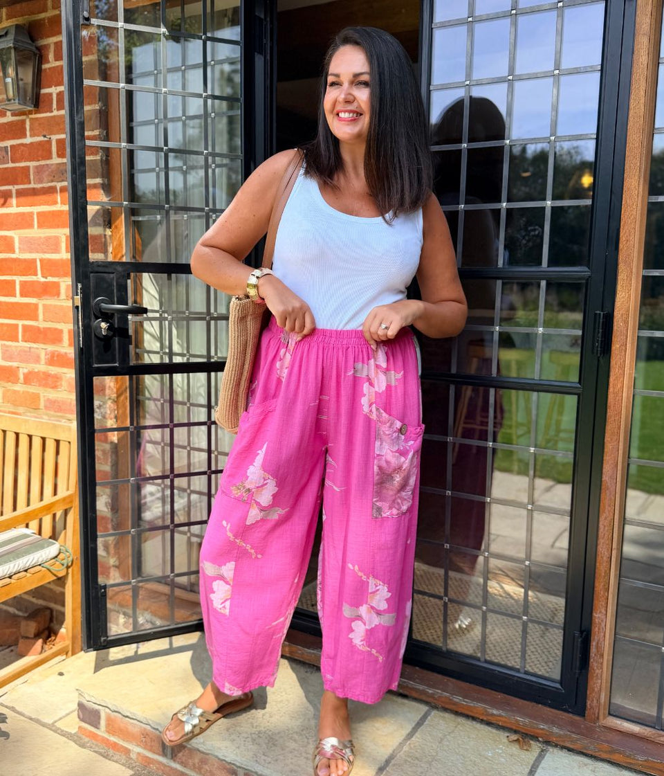 Fuchsia Floral Cotton Barrel Leg Trousers