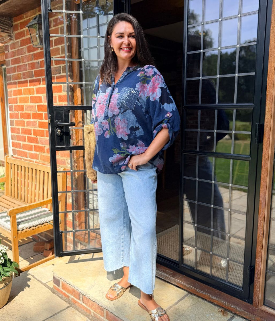 Navy Floral Sequin Pocket Roll Sleeve Top