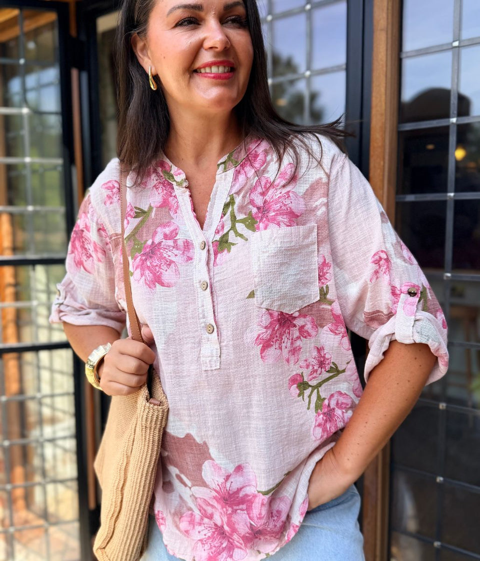 Blush Floral Sequin Pocket Roll Sleeve Top
