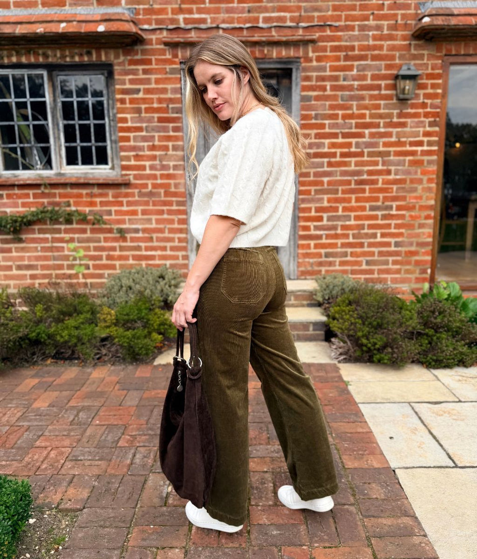 Olive Green Wide Leg Cord Trousers