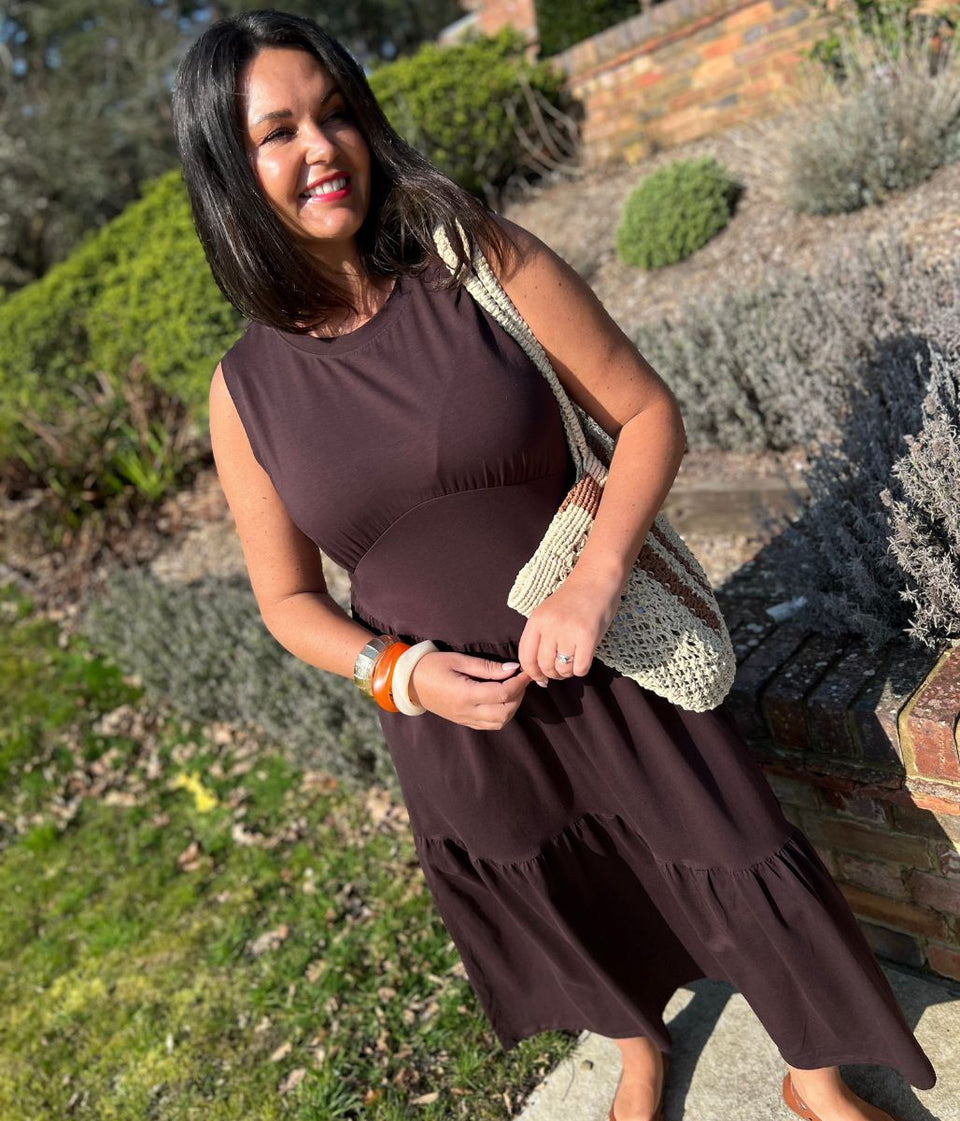 Brown Premium Asymmetric Sleeveless Jersey Dress