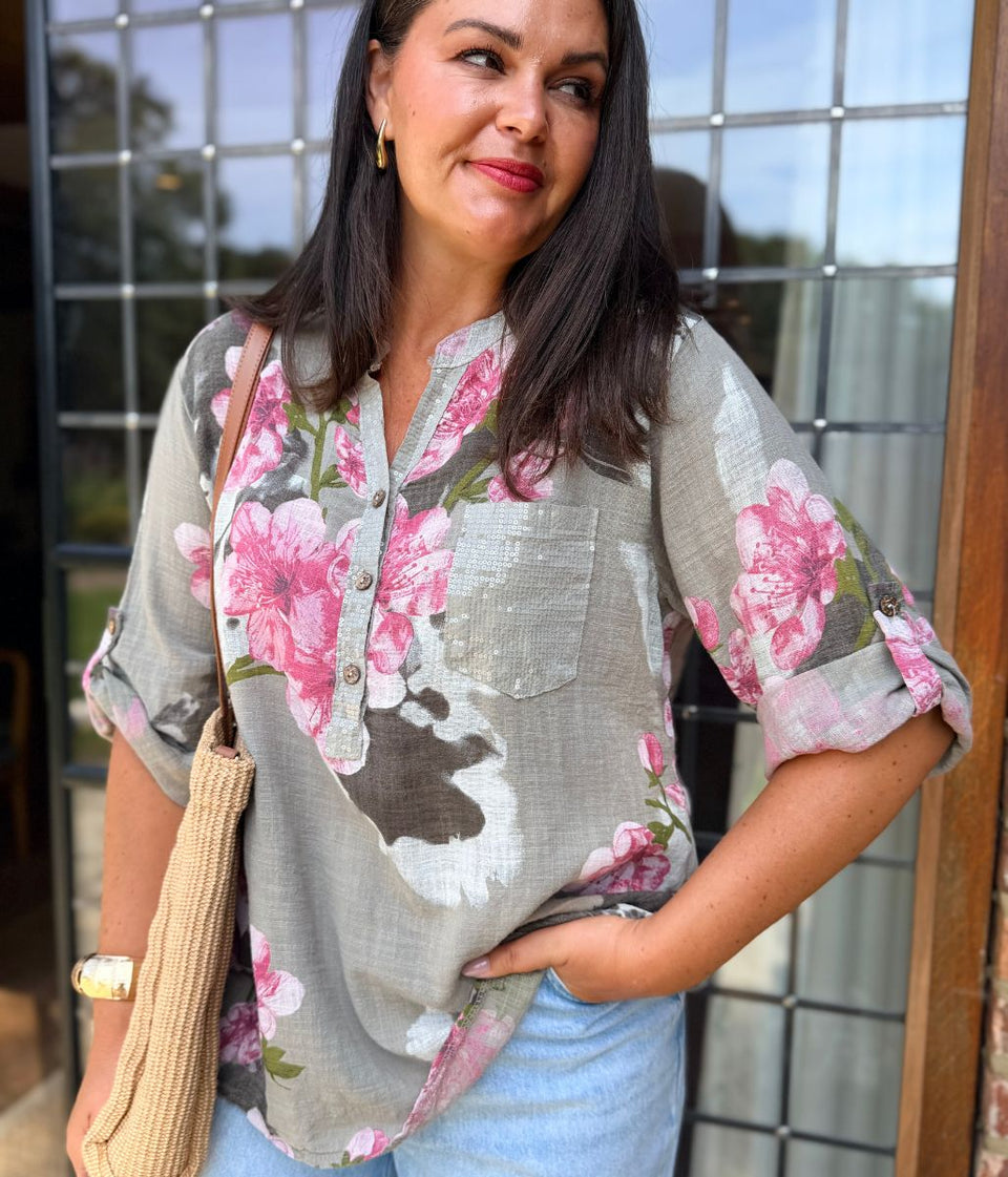 Mocha Floral Sequin Pocket Roll Sleeve Top