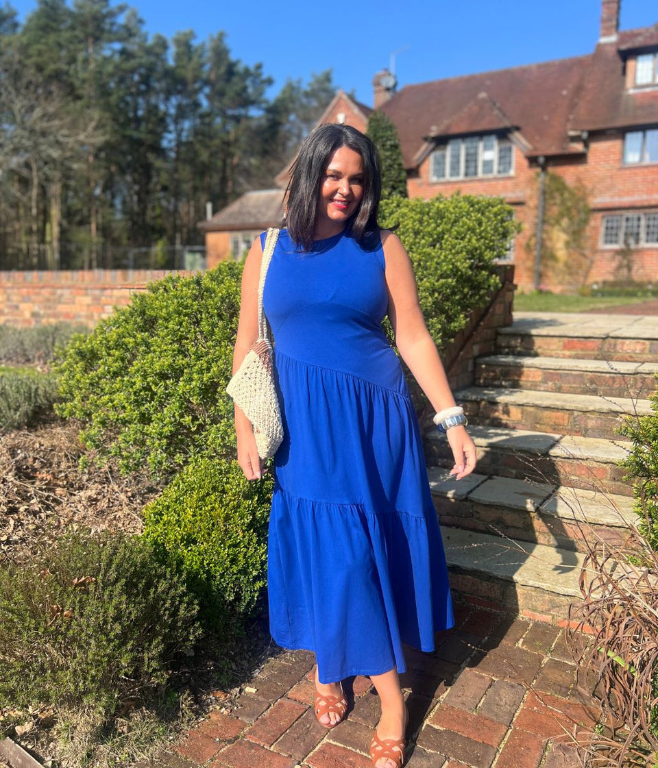 Blue Premium Asymmetric Sleeveless Jersey Dress